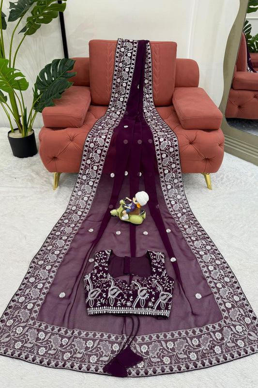 Beautiful Wine Faux Georgette Embroidery Saree for Women