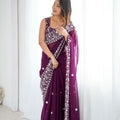 Beautiful Wine Faux Georgette Embroidery Saree for Women