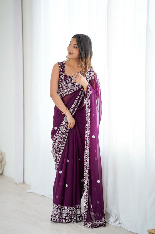 Beautiful Wine Faux Georgette Embroidery Saree for Women