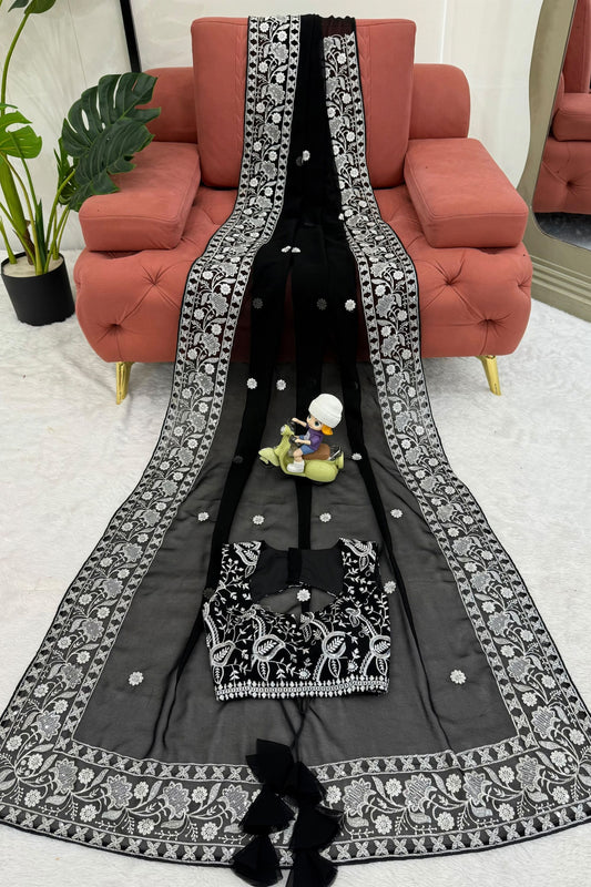 Premium Black Faux Georgette Embroidery Saree for Women