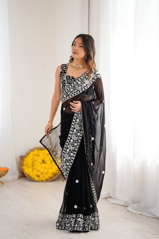 Premium Black Faux Georgette Embroidery Saree for Women