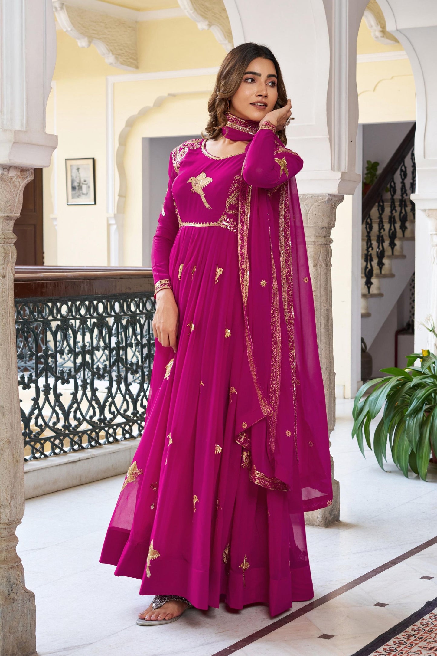 Luxury Rani Pink Faux Georgette Thread Work Palazzo Suit Set with Designer Dupatta