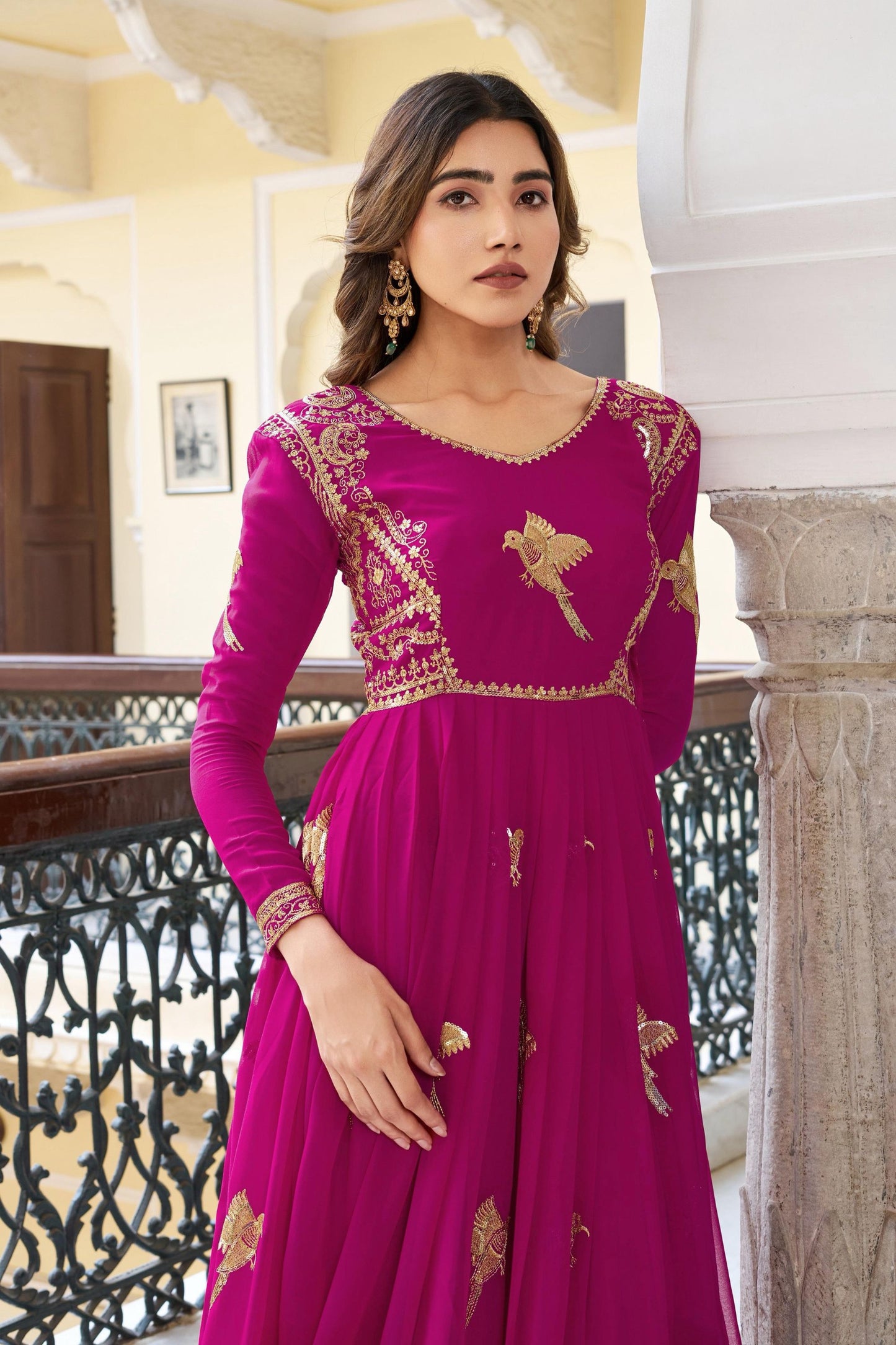 Luxury Rani Pink Faux Georgette Thread Work Palazzo Suit Set with Designer Dupatta