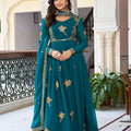 Royal Teal Blue Faux Georgette Thread Work Palazo suit set Designer Duptta