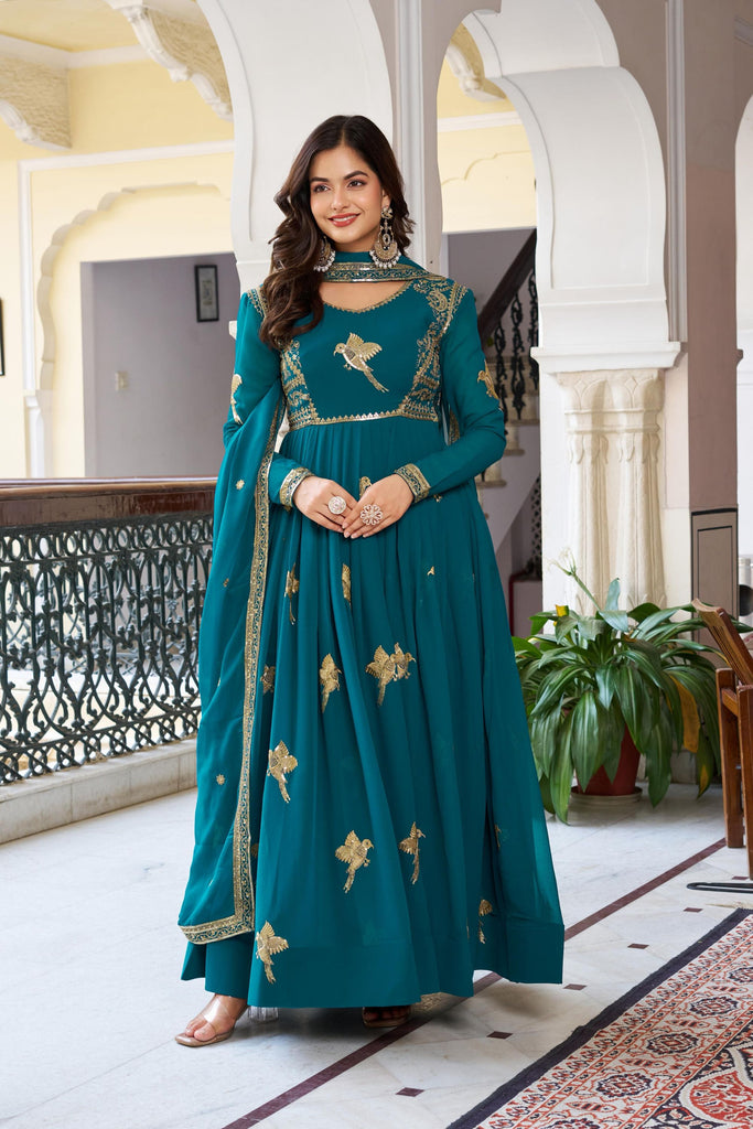 Royal Teal Blue Faux Georgette Thread Work Palazo suit set Designer Duptta