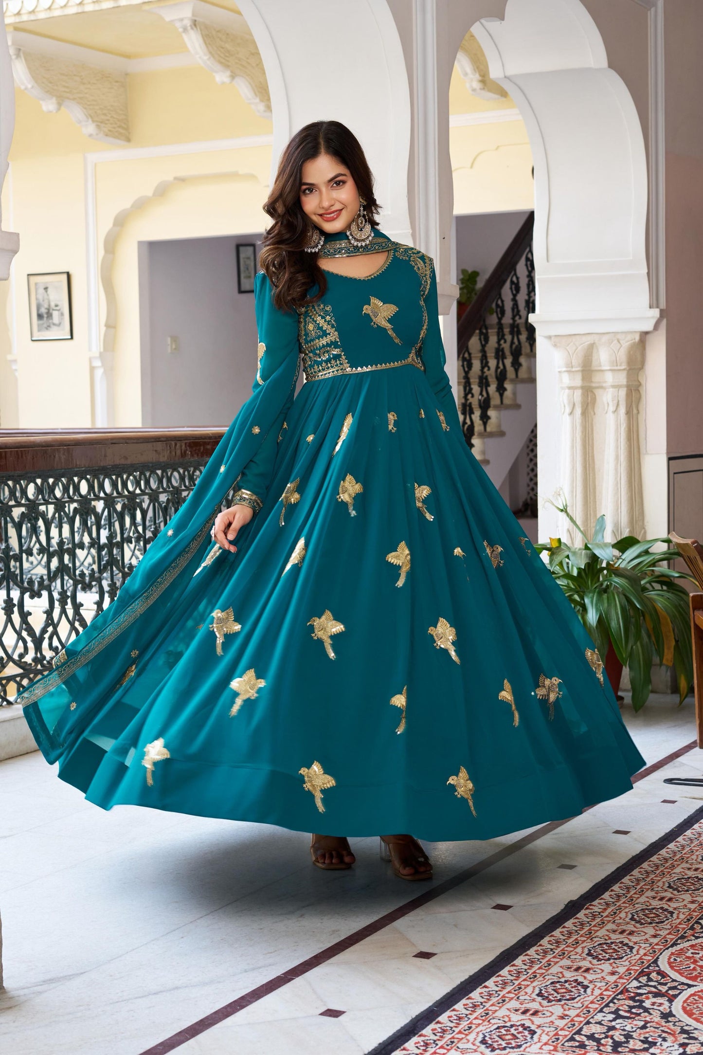 Royal Teal Blue Faux Georgette Thread Work Palazo suit set Designer Duptta
