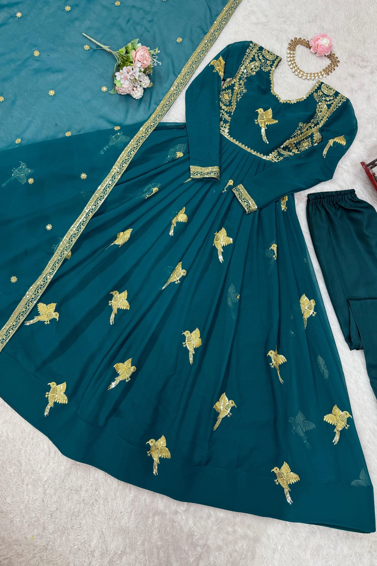 Royal Teal Blue Faux Georgette Thread Work Palazo suit set Designer Duptta