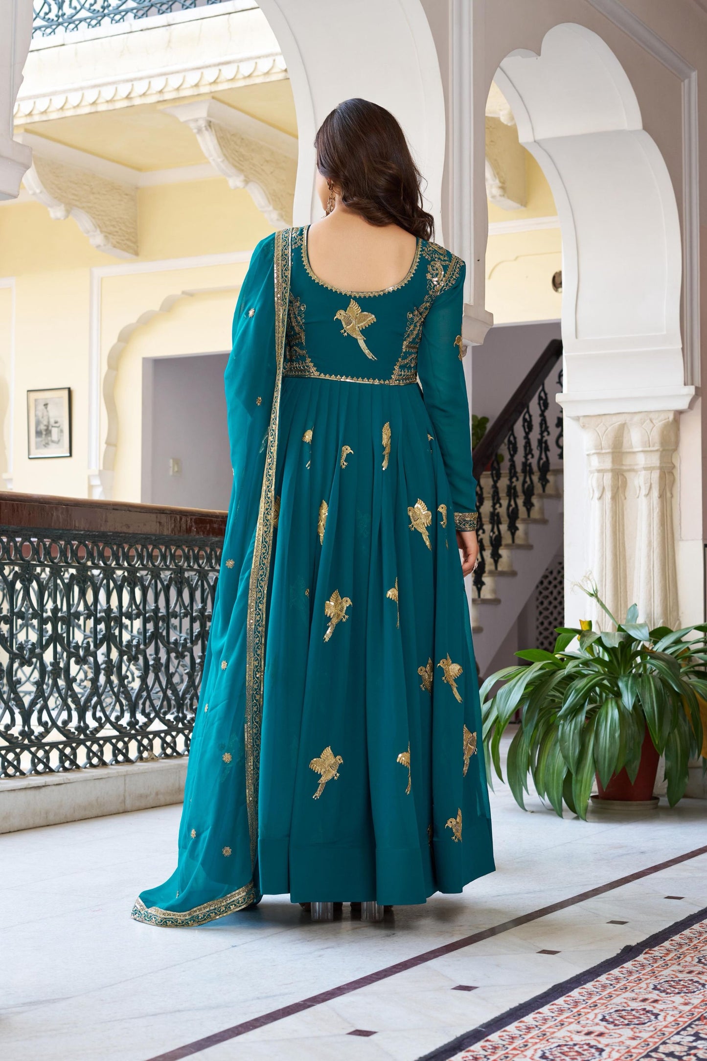 Royal Teal Blue Faux Georgette Thread Work Palazo suit set Designer Duptta
