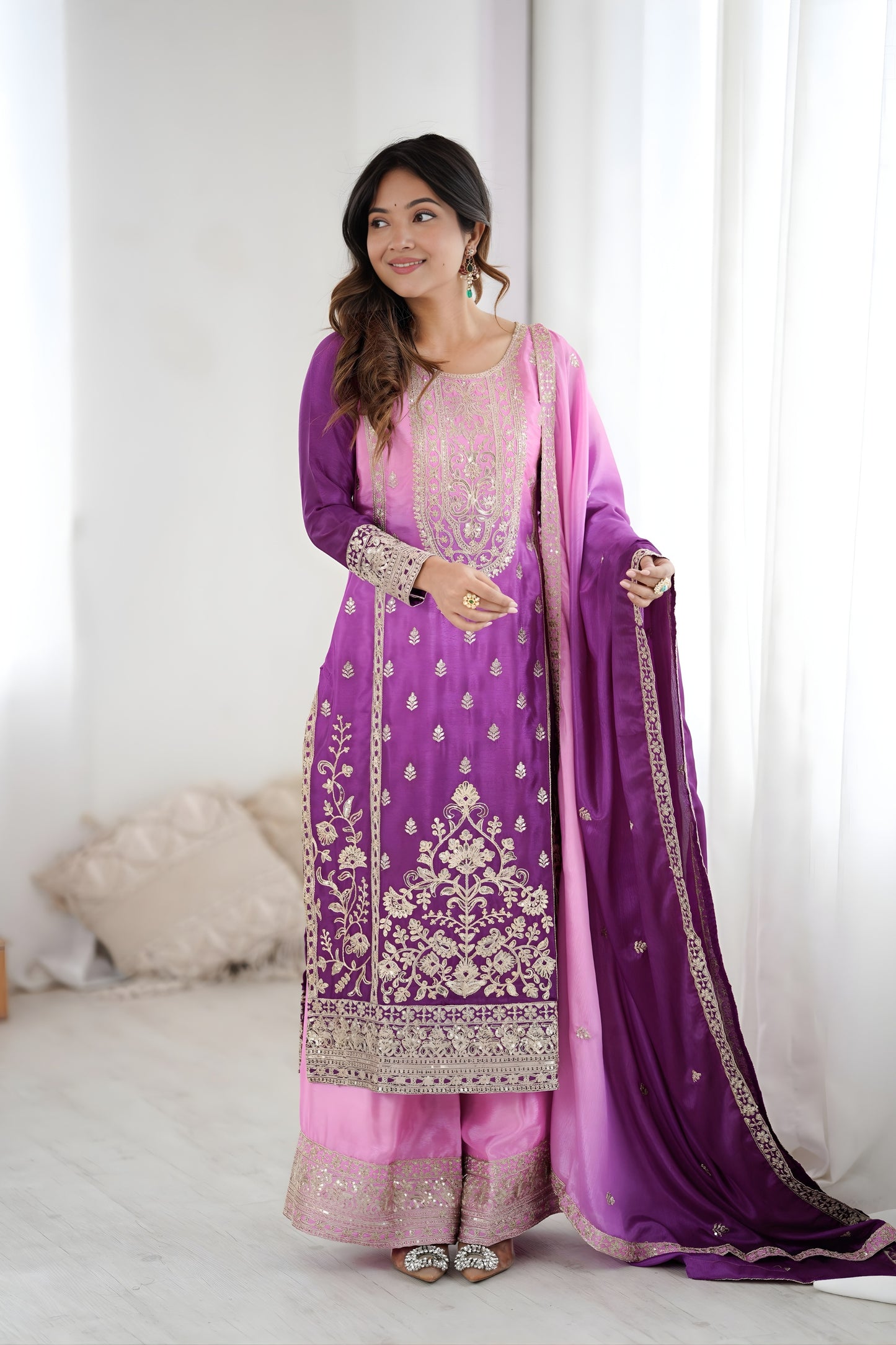 Stylish Purple Shaded Chinon Silk Embroidered Suit Set with Dupatta for Women