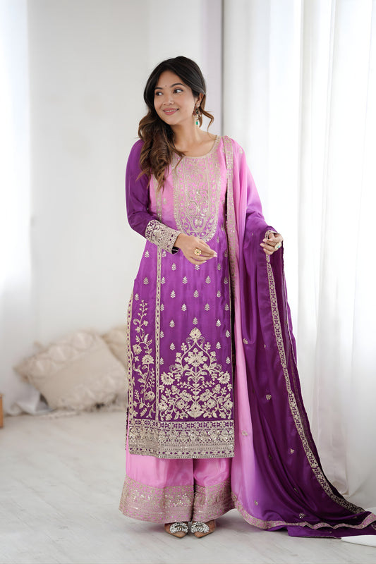 Stylish Purple Shaded Chinon Silk Embroidered Suit Set with Dupatta for Women