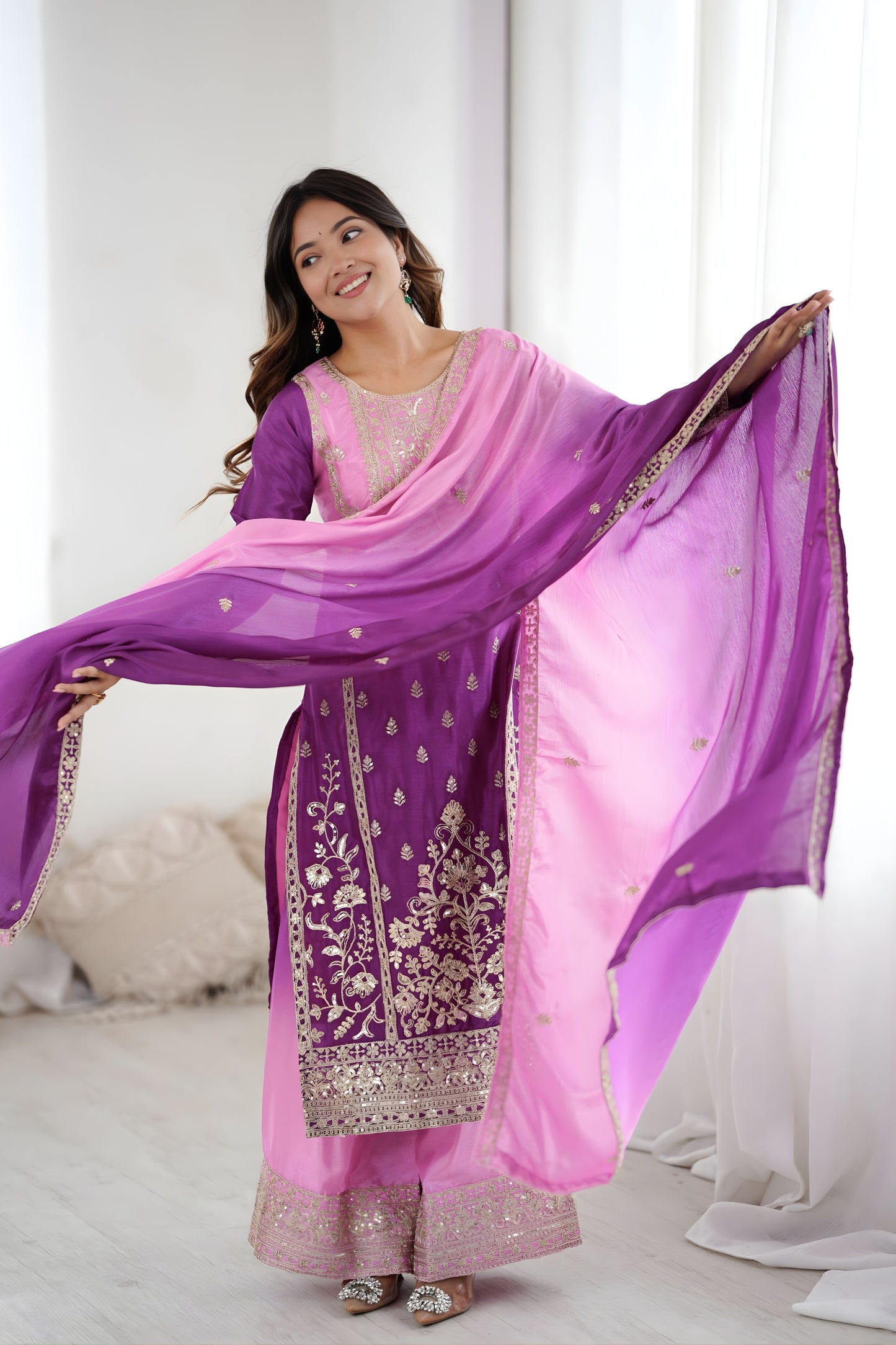 Stylish Purple Shaded Chinon Silk Embroidered Suit Set with Dupatta for Women