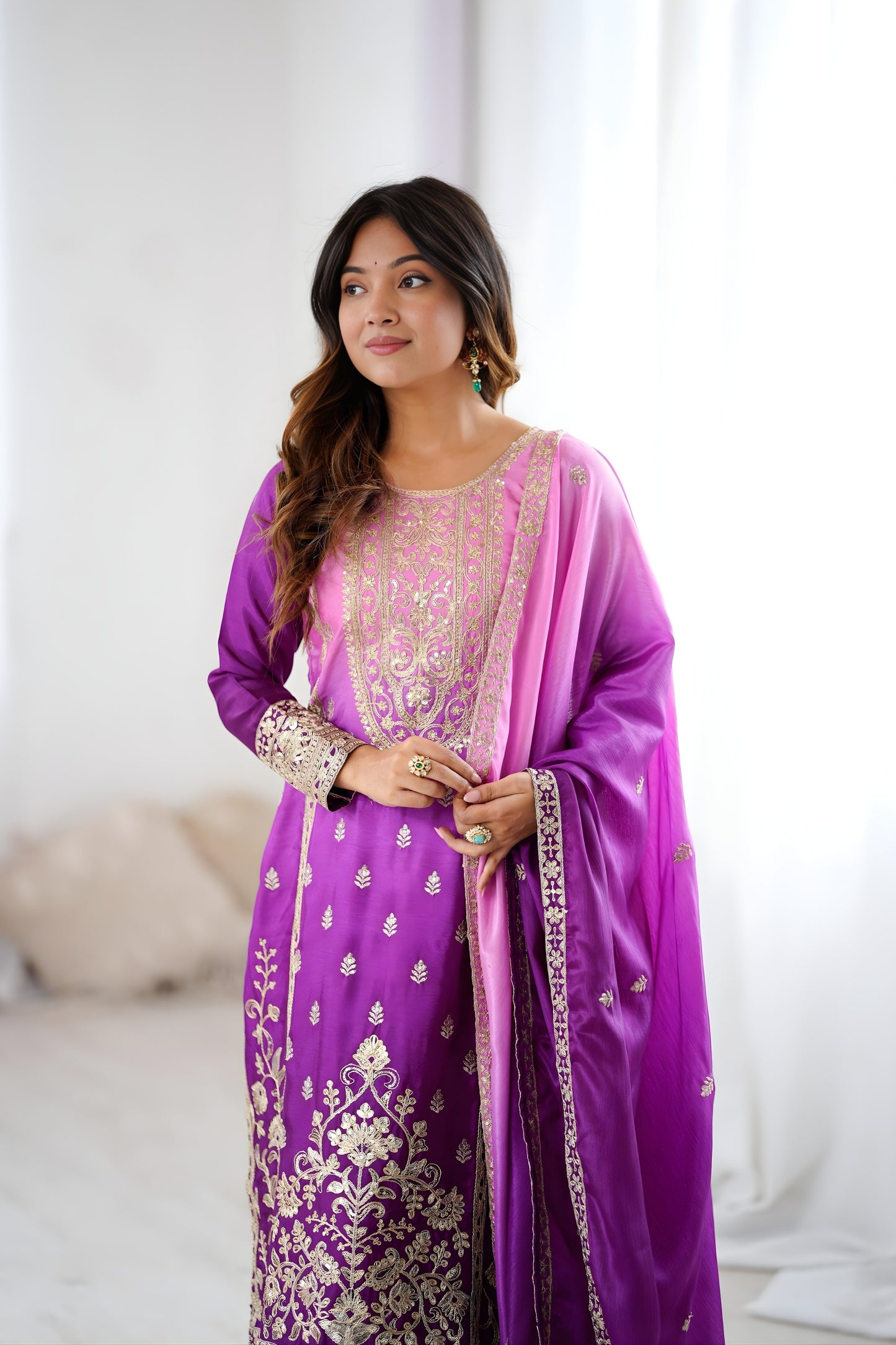Stylish Purple Shaded Chinon Silk Embroidered Suit Set with Dupatta for Women