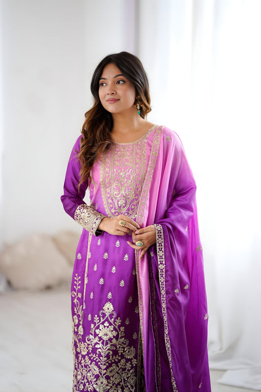 Stylish Purple Shaded Chinon Silk Embroidered Suit Set with Dupatta for Women