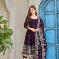 Stunning Wine Crunchy Silk Embroidered Anarkali Suit with Dupatta and Pant for Women