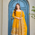 Stylish Mustard Yellow Crunchy Silk Embroidered Anarkali Suit Set with Dupatta and Pant for Women