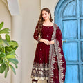 Traditional Maroon Crunchy Silk Embroidered Anarkali Suit Set with Dupatta and Pant for Women