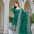 Fancy Rama Green Crunchy Silk Embroidered Anarkali Suit Set with Dupatta and Pant for Women