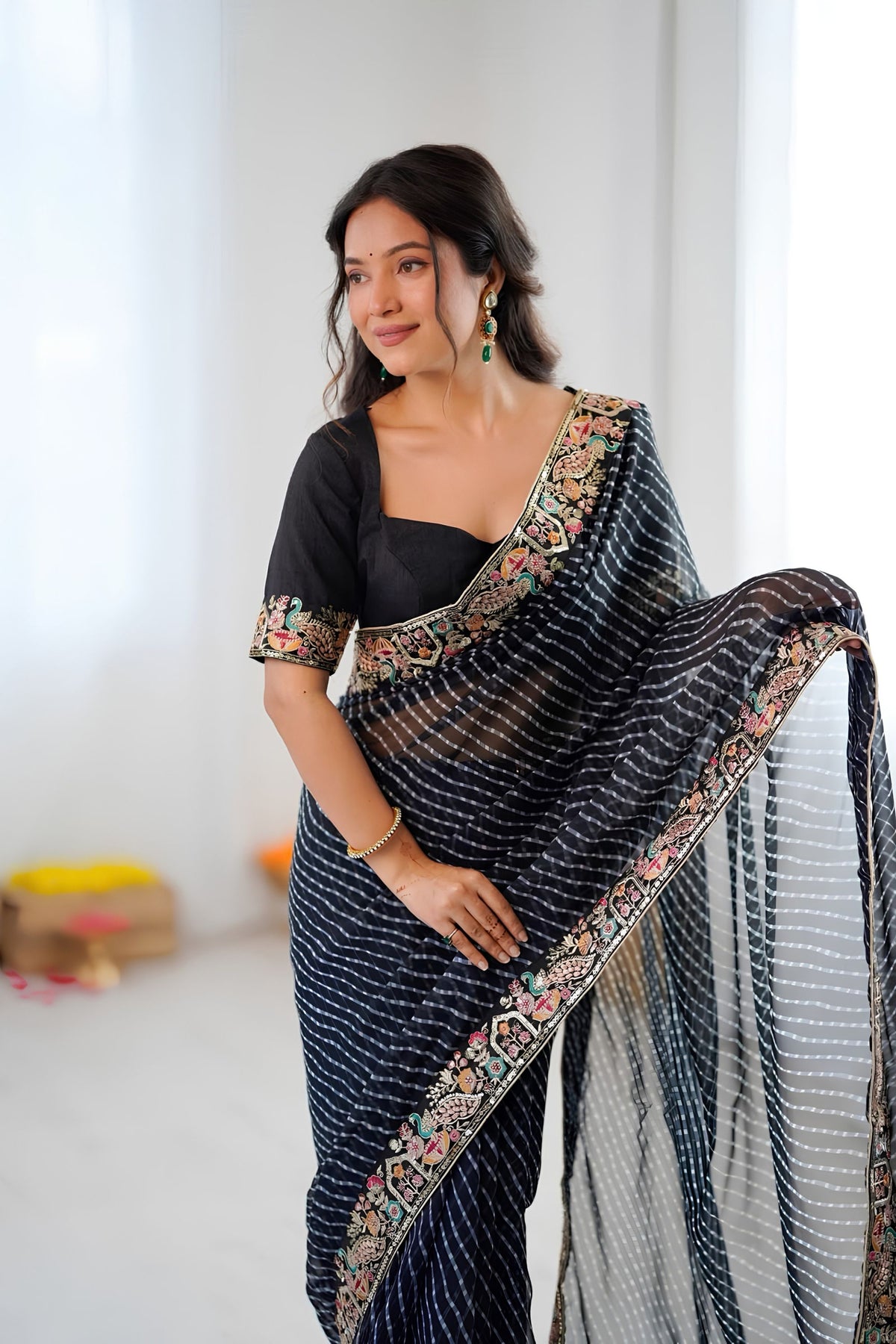 Elegant Black Faux Georgette Saree with Thread & Sequins Embroidery for Women
