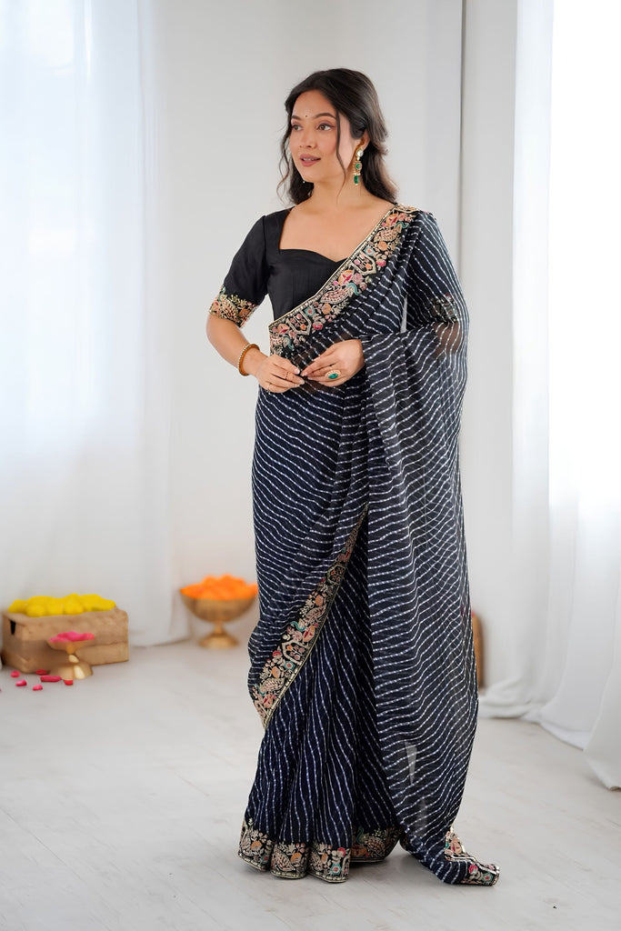 Elegant Black Faux Georgette Saree with Thread & Sequins Embroidery for Women