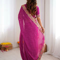 Beautiful Rani Pink Faux Georgette Saree with Thread Sequins Embroidery for Women