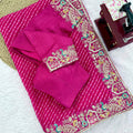 Beautiful Rani Pink Faux Georgette Saree with Thread Sequins Embroidery for Women