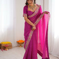 Beautiful Rani Pink Faux Georgette Saree with Thread Sequins Embroidery for Women
