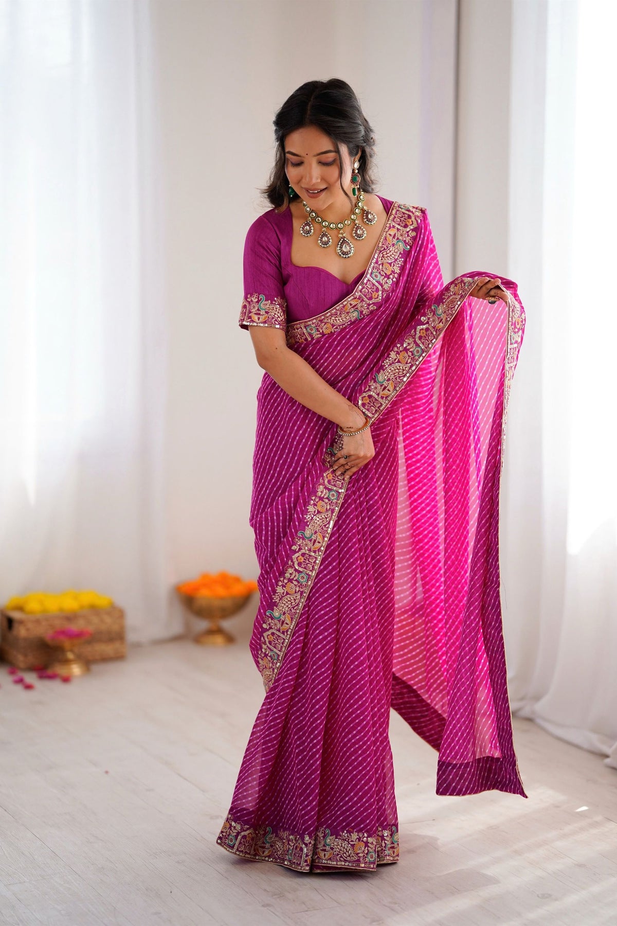 Beautiful Rani Pink Faux Georgette Saree with Thread Sequins Embroidery for Women