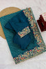 Royal Teal Blue Faux Georgette Saree Thread & Sequins Embroidery for Women