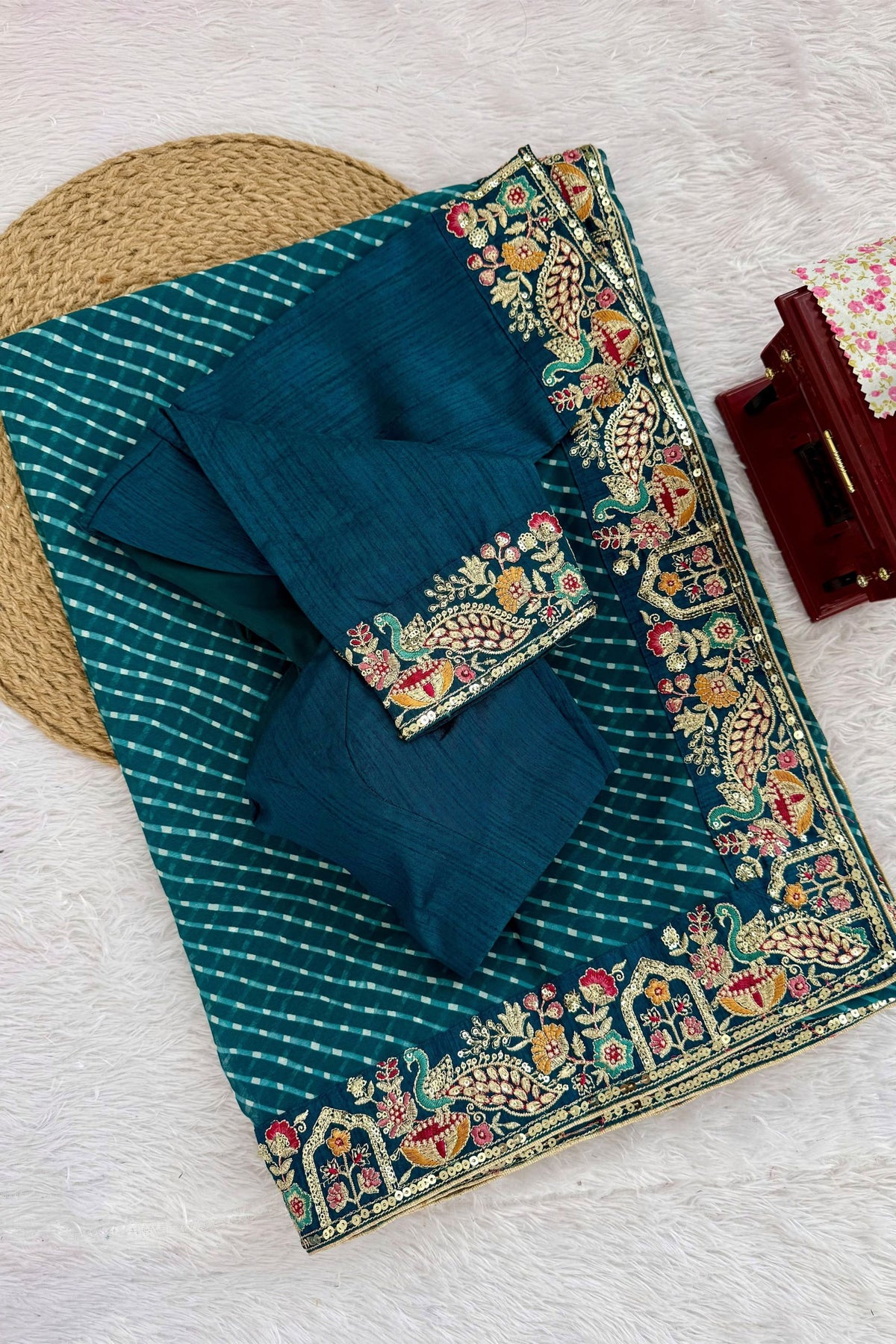Royal Teal Blue Faux Georgette Saree Thread & Sequins Embroidery for Women