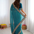 Royal Teal Blue Faux Georgette Saree Thread & Sequins Embroidery for Women