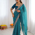 Royal Teal Blue Faux Georgette Saree Thread & Sequins Embroidery for Women