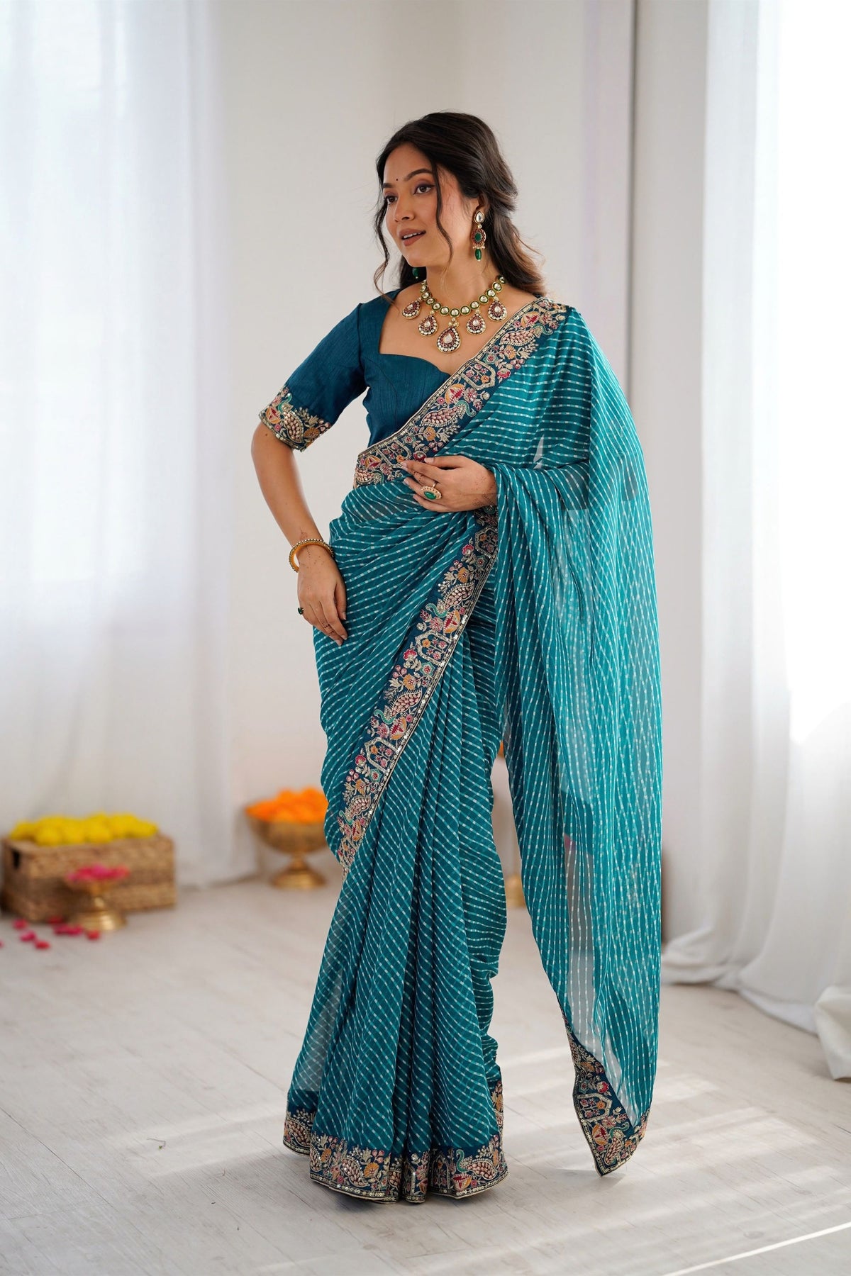 Royal Teal Blue Faux Georgette Saree Thread & Sequins Embroidery for Women