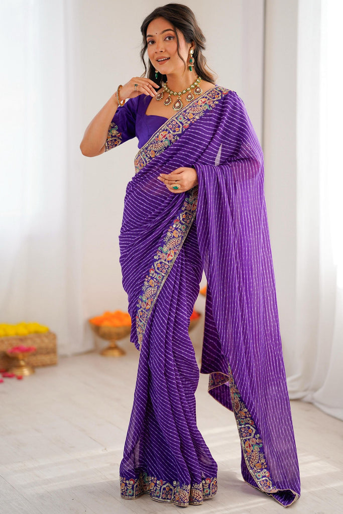 Purple Silk Saree with Zari Embroidered Border Designer Blouse