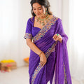 Purple Silk Saree with Zari Embroidered Border Designer Blouse