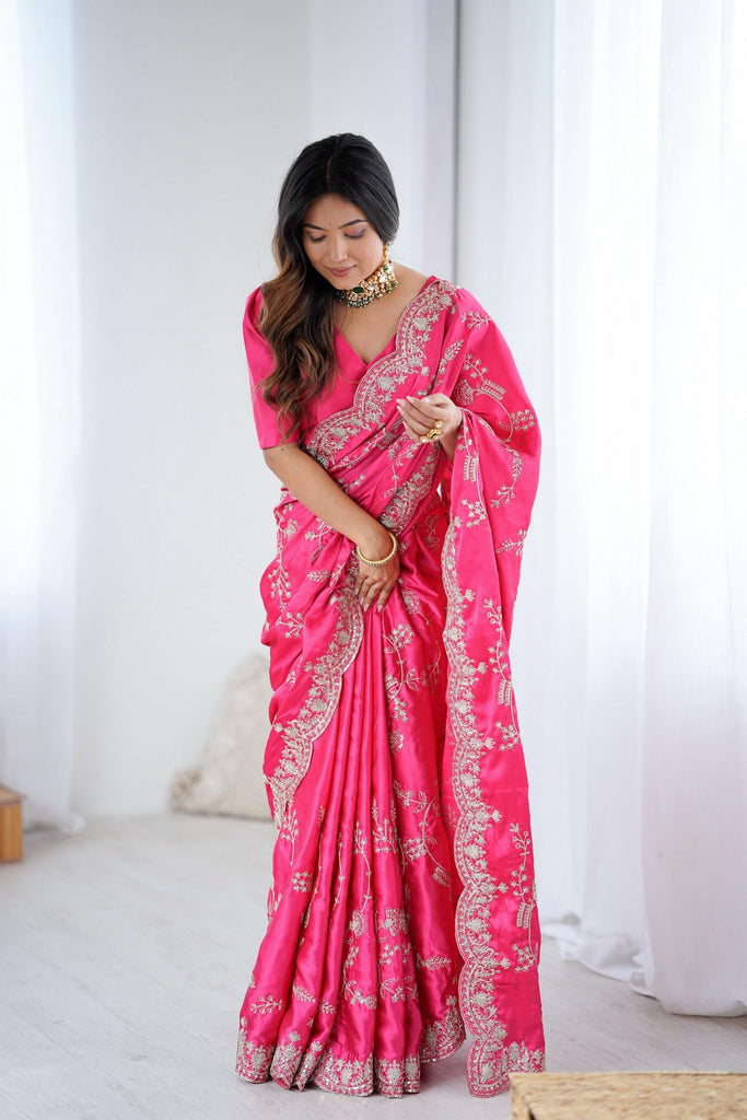 Pink Silk Saree with Heavy Zari Embroidery Designer Blouse
