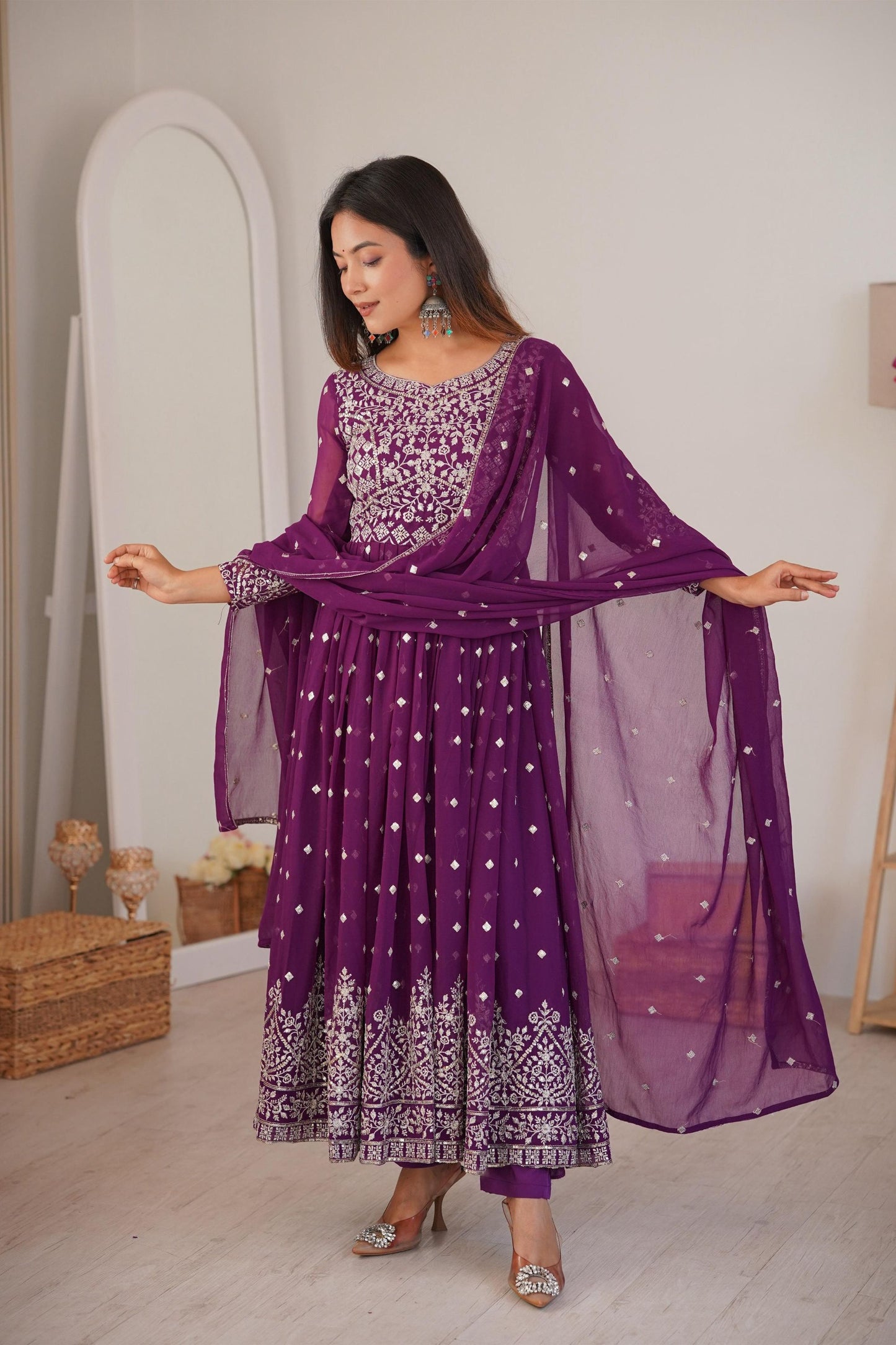 Royal Purple Faux Georgette Anarkali Suit Sequin Thread Embroidery Dupatta for Women