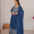 Vibrant Blue Faux Georgette Anarkali Suit Sequin Thread Embroidery Dupatta for Women