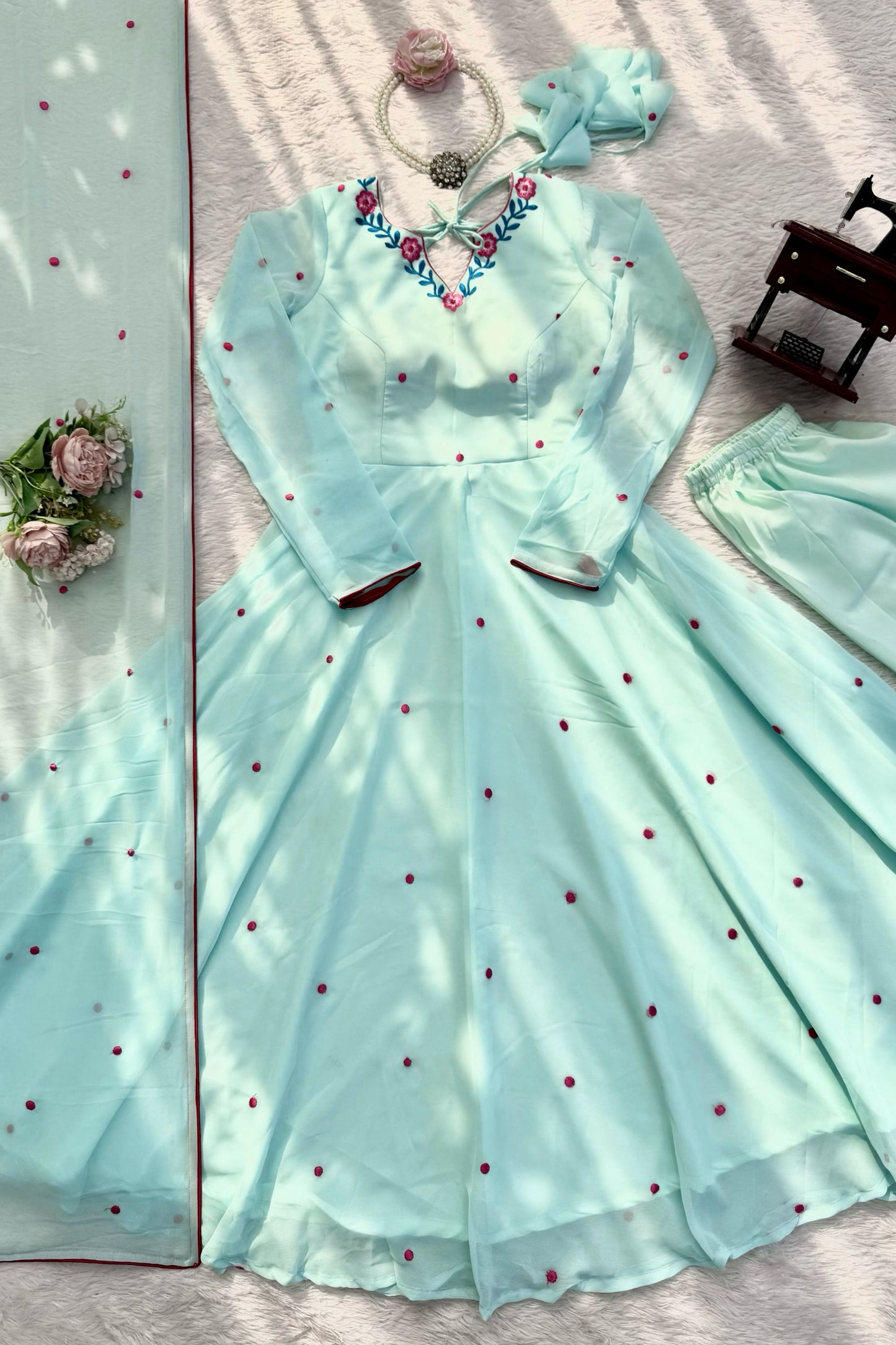 Gorgeous Mint Green Heavy Faux Georgette Anarkali Suit Embroidery Thread Work