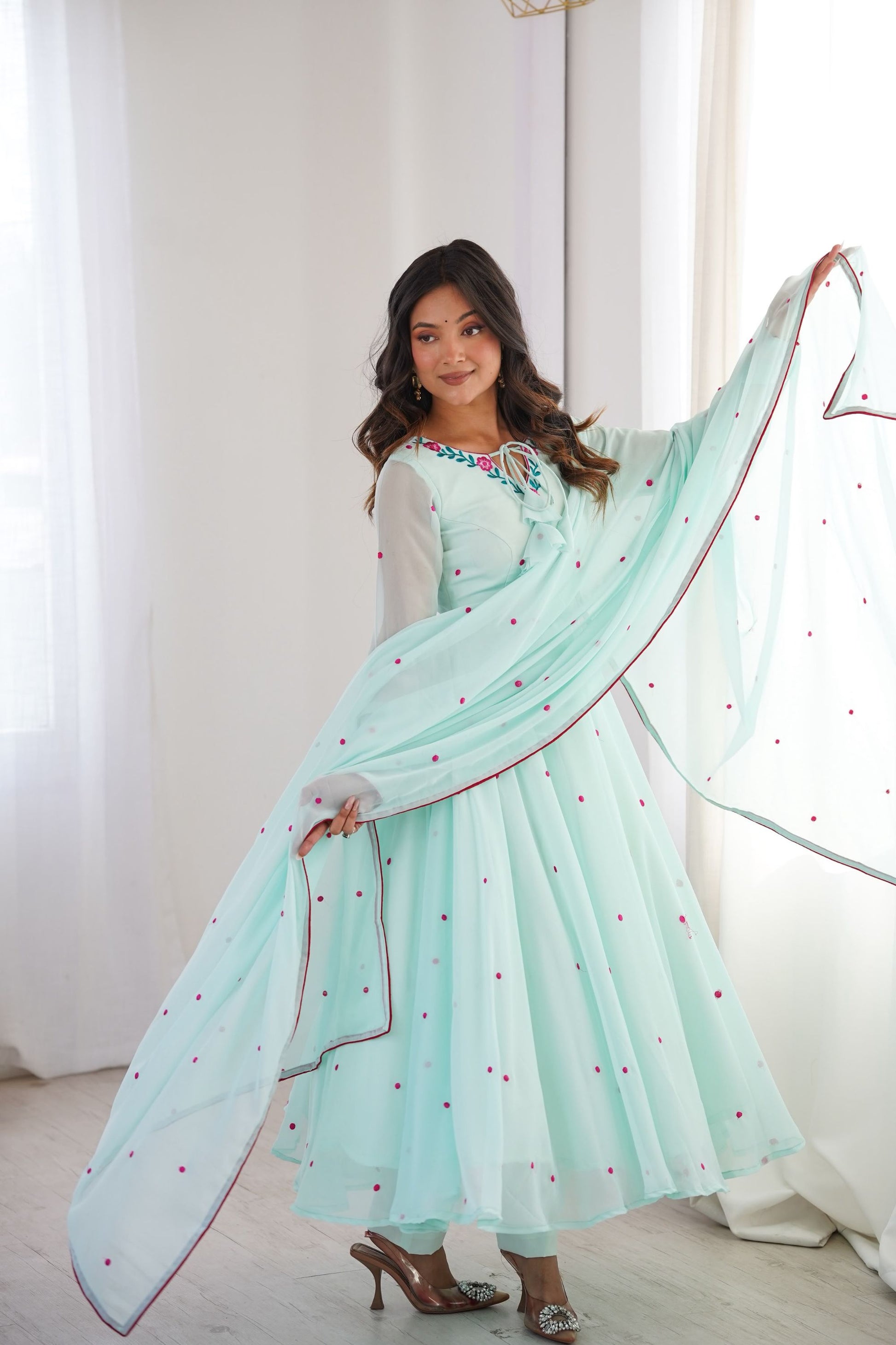 Gorgeous Mint Green Heavy Faux Georgette Anarkali Suit Embroidery Thread Work