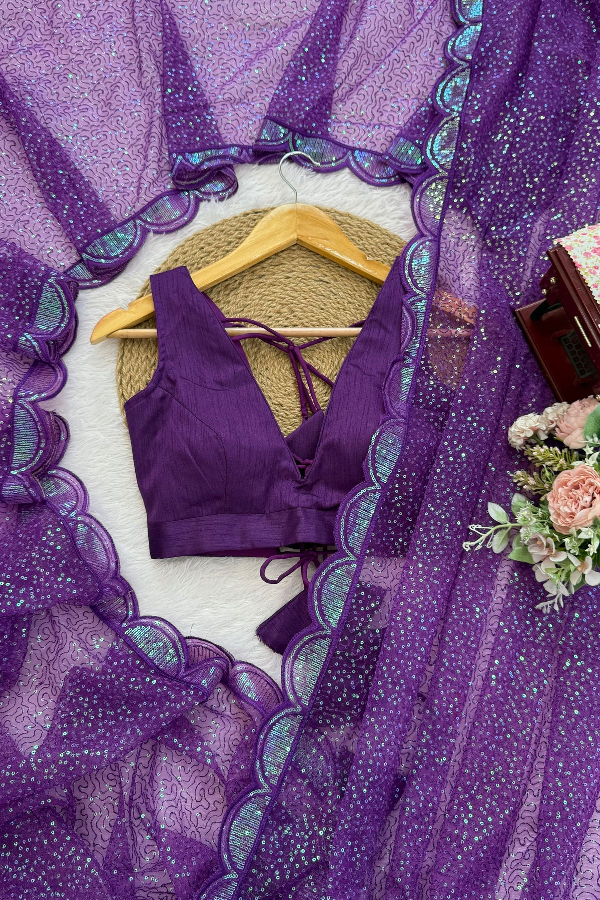Lovely Purple Heavy Soft Net Saree with Thread and Sequin Embroidery Work for Women