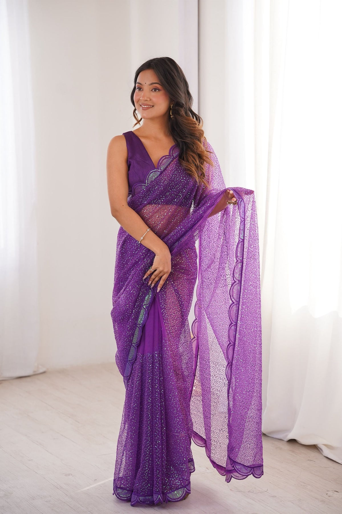 Lovely Purple Heavy Soft Net Saree with Thread and Sequin Embroidery Work for Women