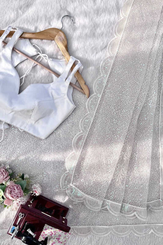 Stylish White Heavy Soft Net Saree with Thread and Sequin Embroidery Work for Women