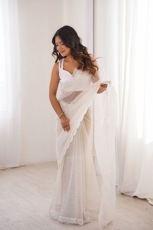 Stylish White Heavy Soft Net Saree with Thread and Sequin Embroidery Work for Women