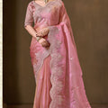Exquisite Dusty Pink Pure Tissue Georgette With Ready Made blouse Saree for Women