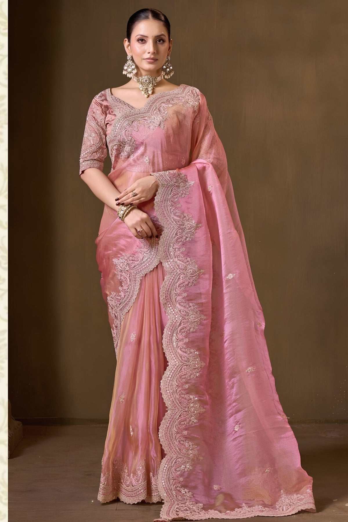 Exquisite Dusty Pink Pure Tissue Georgette With Ready Made blouse Saree for Women