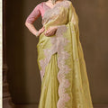 Radiant Lime Green Pure Tissue Georgette Saree Heavy Embroidery Work Ready Made Blouse for Women