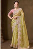 Radiant Lime Green Pure Tissue Georgette Saree Heavy Embroidery Work Ready Made Blouse for Women