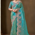 Stunning Teal Blue Pure Tissue Georgette Saree Embroidery Work Ready Made Blouse for Women