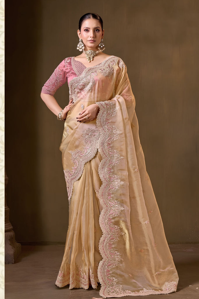 Luxurious Gold Pure Tissue Georgette Saree Embroidery Work Ready Made Blouse for Women