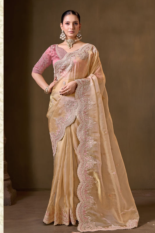 Luxurious Gold Pure Tissue Georgette Saree Embroidery Work Ready Made Blouse for Women
